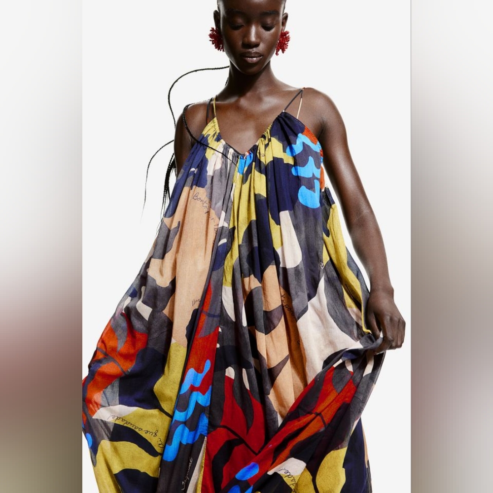 NWT H&M A-Line Strappy Cotton Voile Maxi Loose Dress Black Multicolor XS, XL
